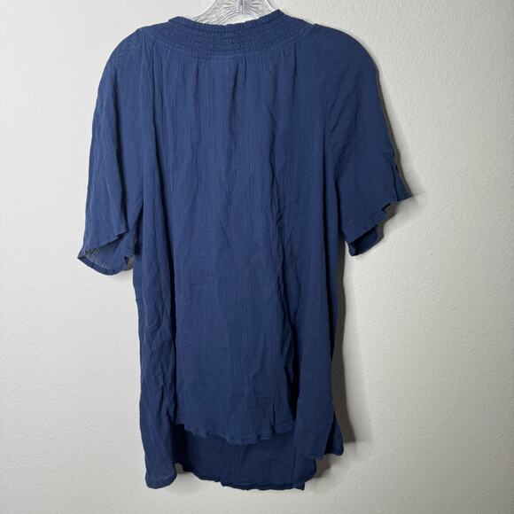 Catherines 1X Blue Embroidered Cotton Boho Peasant Top Tassel V-Neck  Blouse - Picture 2 of 6